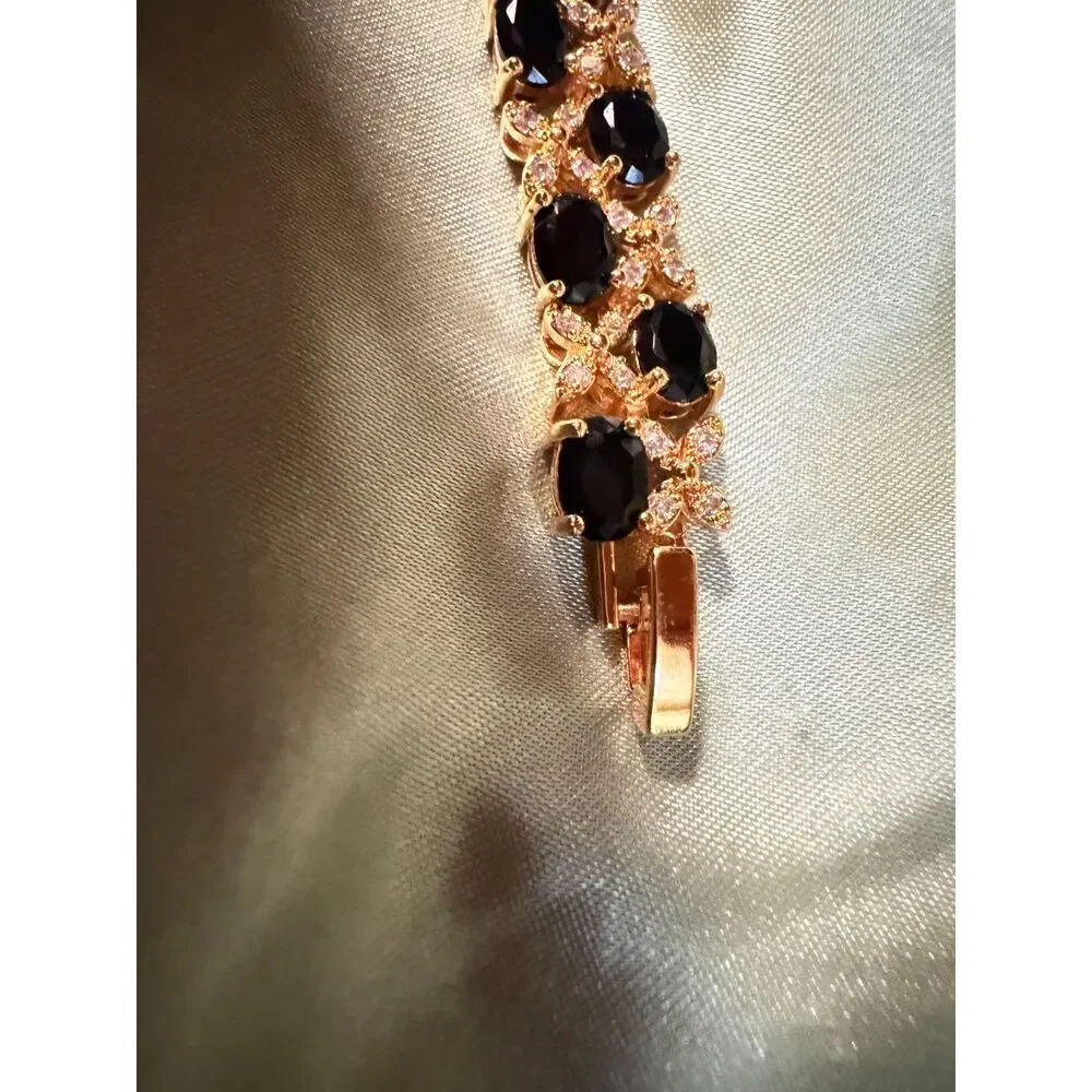 Gold Tone Black Onyx Look Floral Tennis Bracelet 7.5